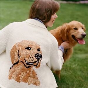 Anthropologie Cream Sweater with Brown Dog Design